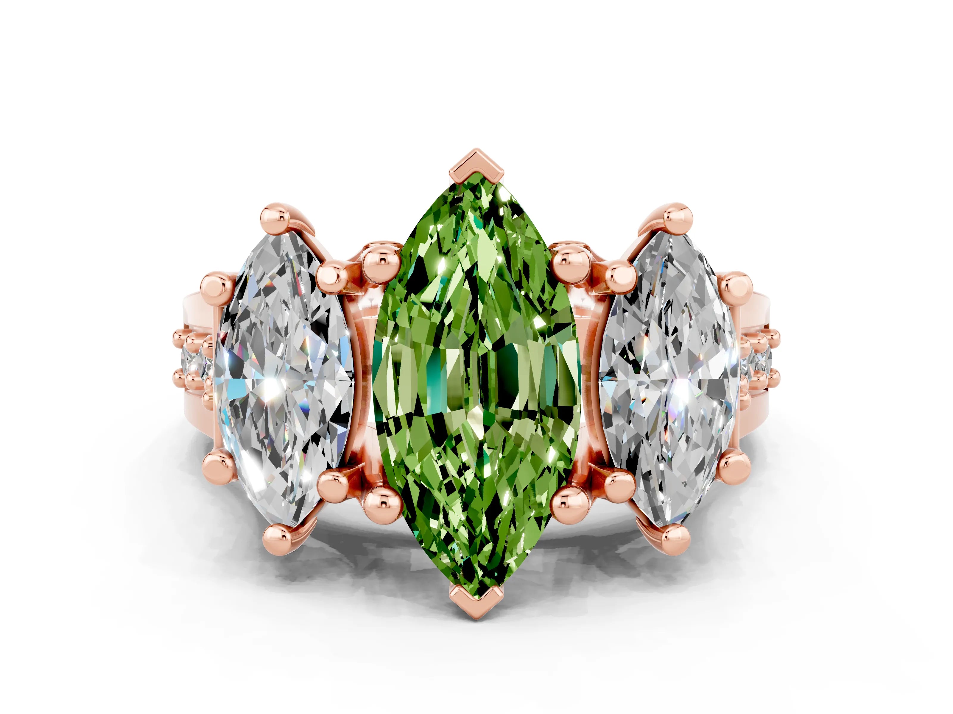 Rose gold Marquise Cut Peridot Three-Stone Ring with Channel Set Band and Four-Prong Setting