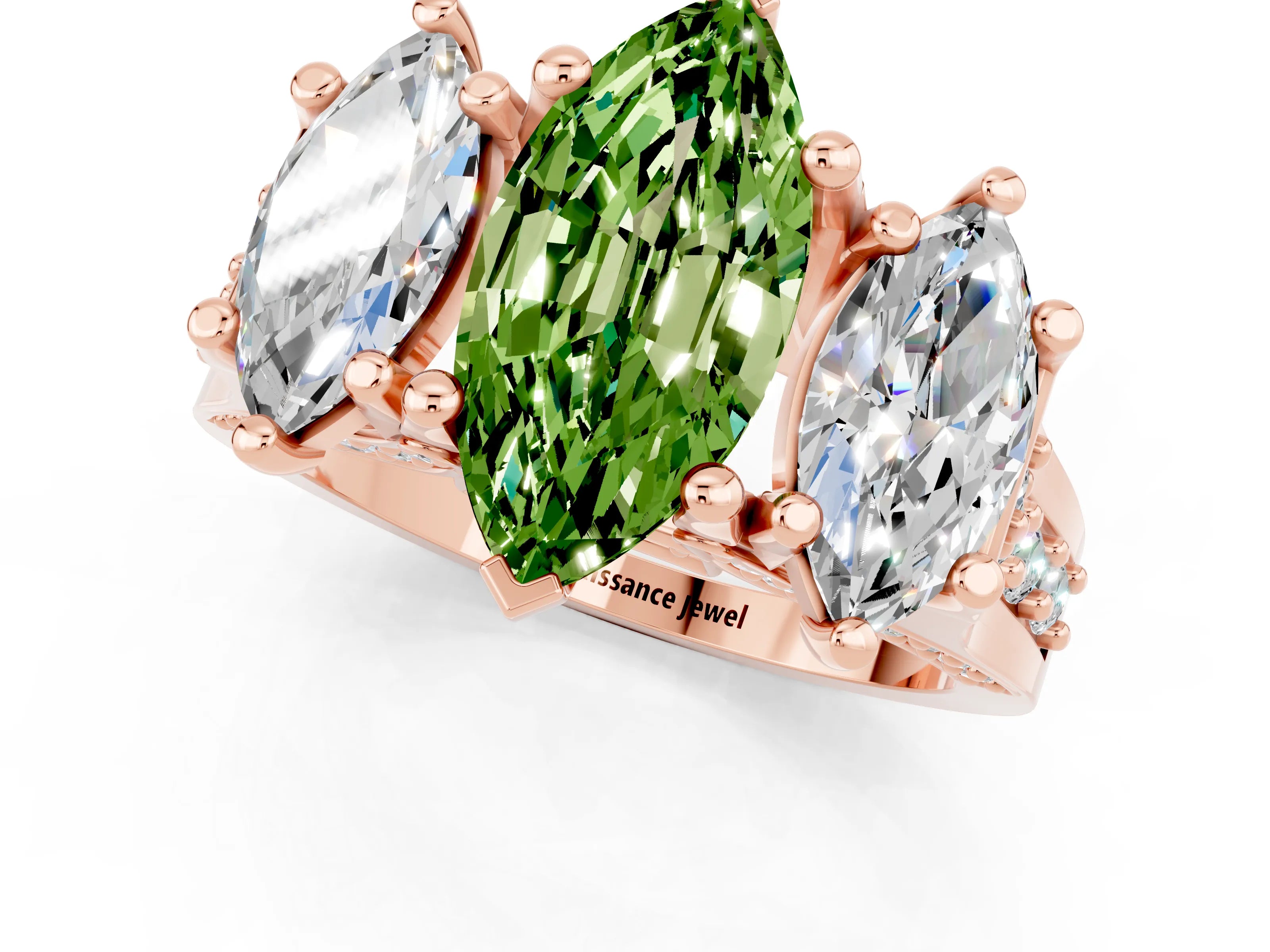 Rose gold Marquise Cut Peridot Three-Stone Ring with Channel Set Band and Four-Prong Setting_1