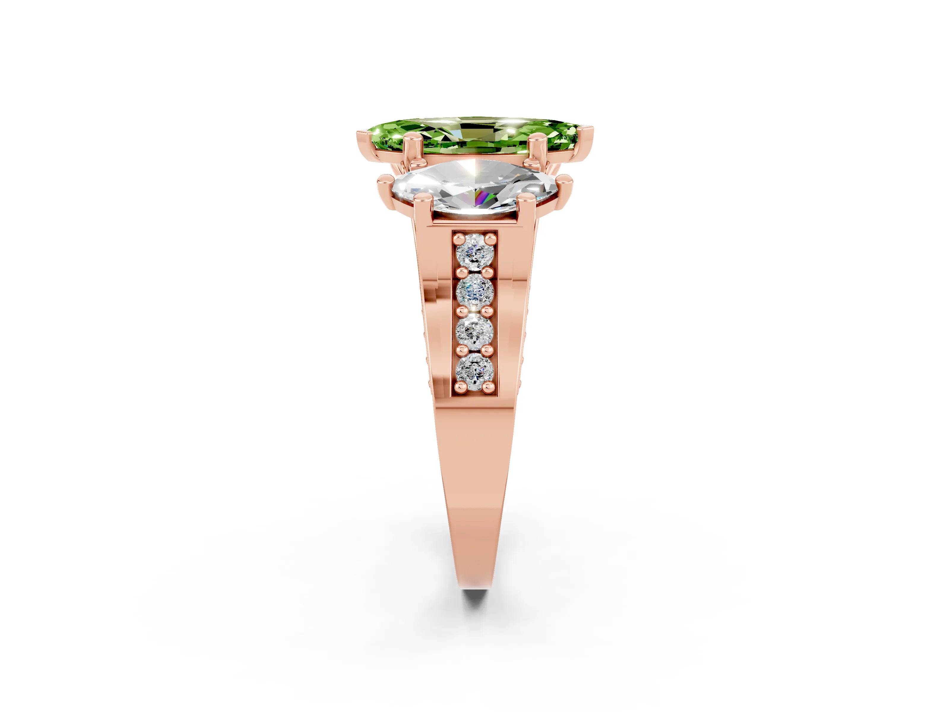 Rose gold Marquise Cut Peridot Three-Stone Ring with Channel Set Band and Four-Prong Setting_2