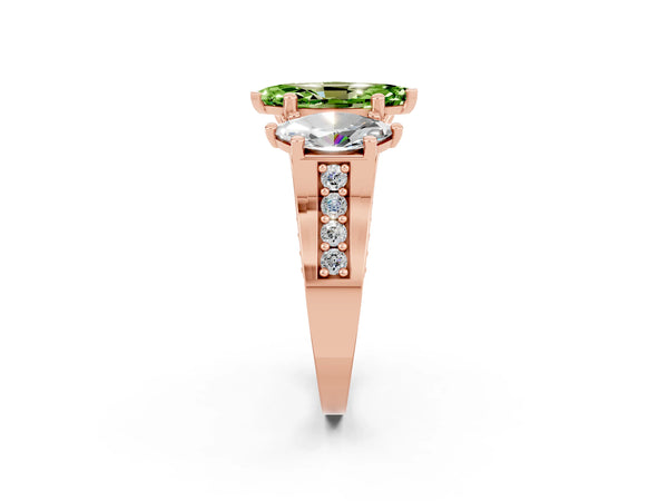 Rose gold Marquise Cut Peridot Three-Stone Ring with Channel Set Band and Four-Prong Setting