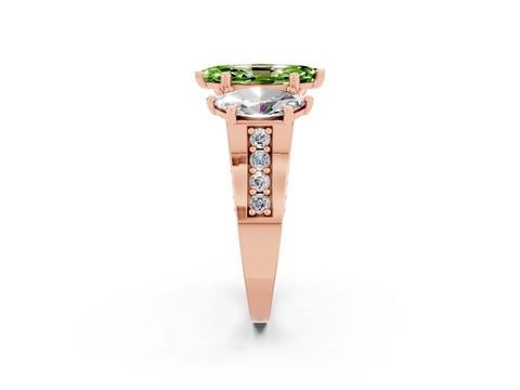 Rose gold Marquise Cut Peridot Three-Stone Ring with Channel Set Band and Four-Prong Setting_2