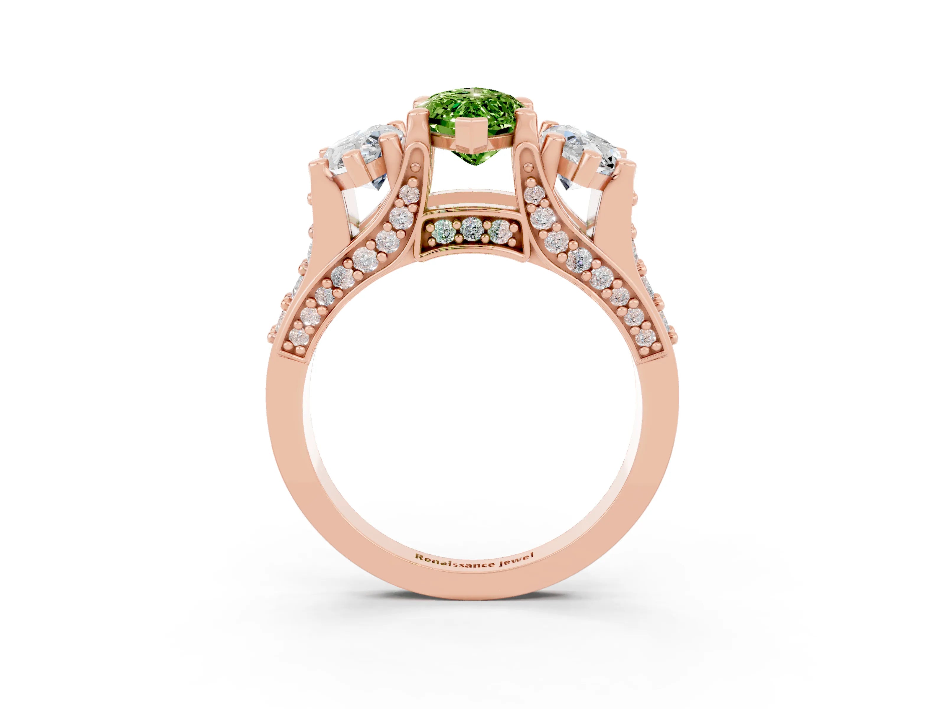 Rose gold Marquise Cut Peridot Three-Stone Ring with Channel Set Band and Four-Prong Setting_3