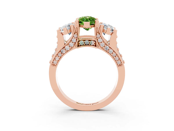Rose gold Marquise Cut Peridot Three-Stone Ring with Channel Set Band and Four-Prong Setting