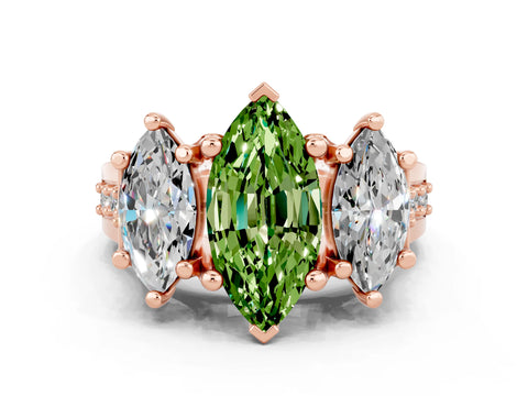 Rose gold Marquise Cut Peridot Three-Stone Ring with Channel Set Band and Four-Prong Setting