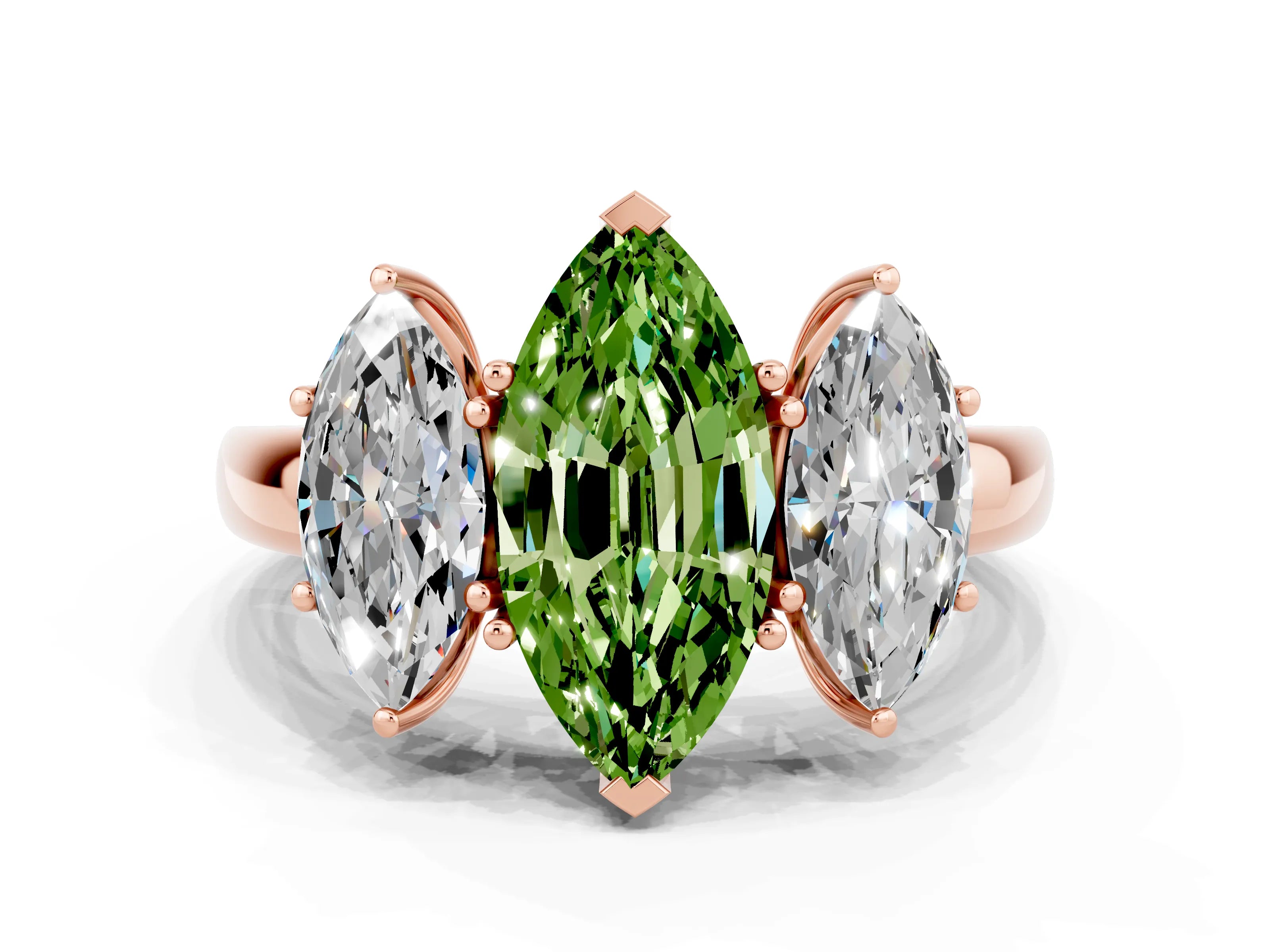 Rose gold Marquise Cut Peridot Three-Stone Ring with Four-Prong Setting and Classic Band