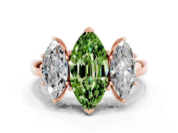 Rose gold Marquise Cut Peridot Three-Stone Ring with Four-Prong Setting and Classic Band