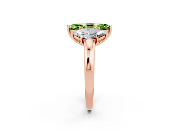 Rose gold Marquise Cut Peridot Three-Stone Ring with Four-Prong Setting and Classic Band