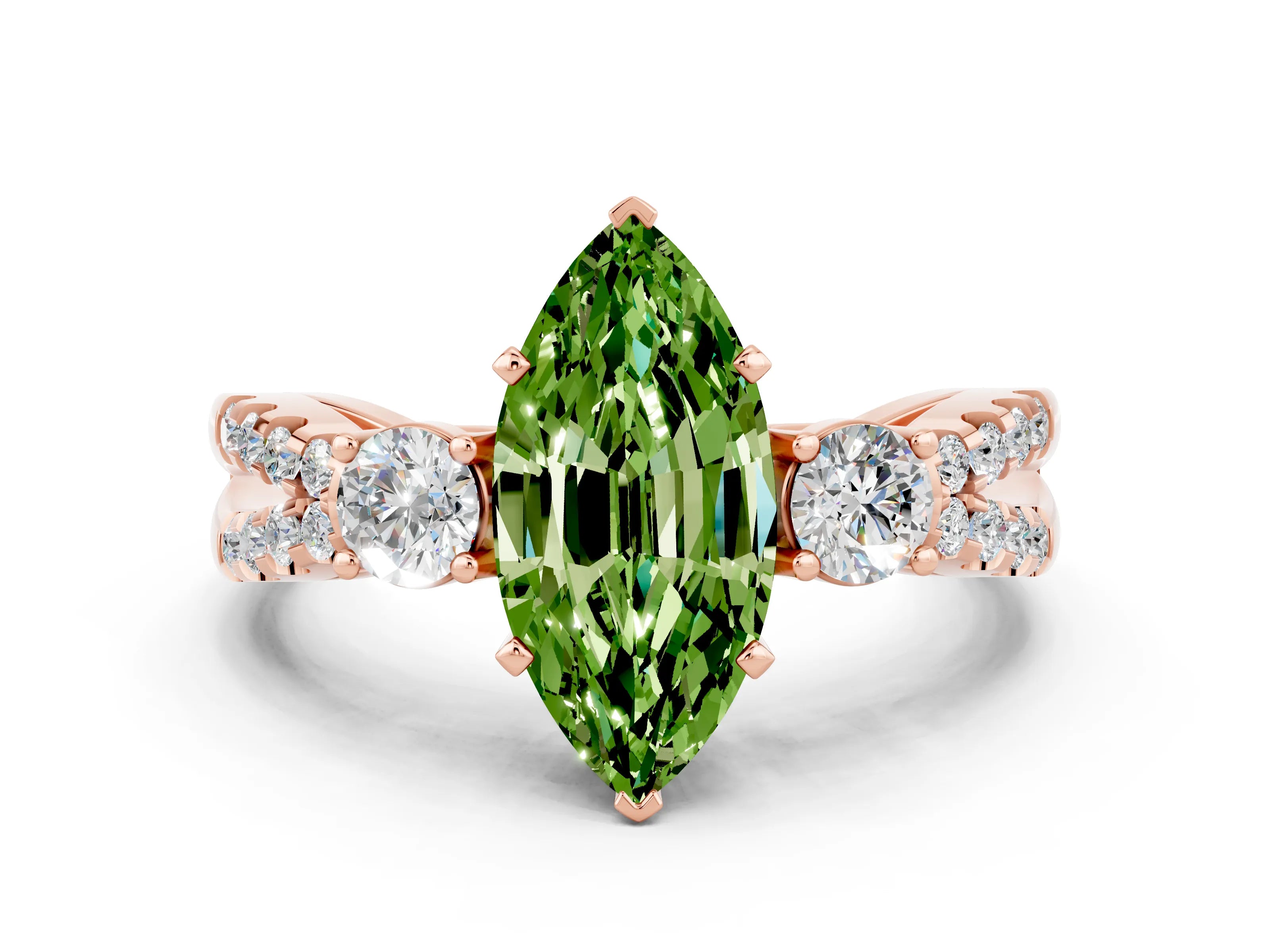 Rose gold Marquise Cut Peridot Three-Stone Ring with Pavé Split Shank and Four-Prong Setting_12