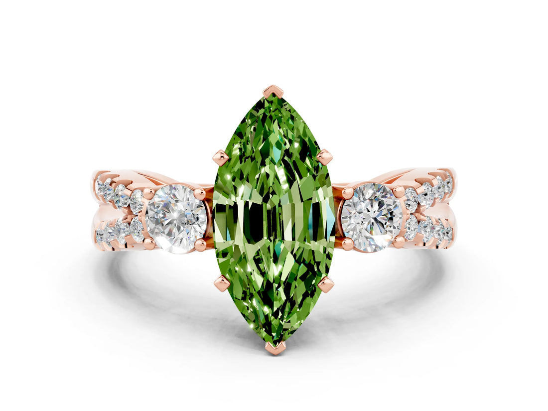 Rose gold Marquise Cut Peridot Three-Stone Ring with Pavé Split Shank and Four-Prong Setting_12