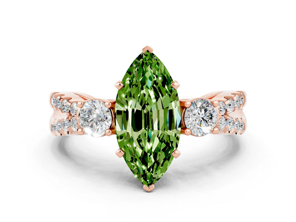 Rose gold Marquise Cut Peridot Three-Stone Ring with Pavé Split Shank and Four-Prong Setting