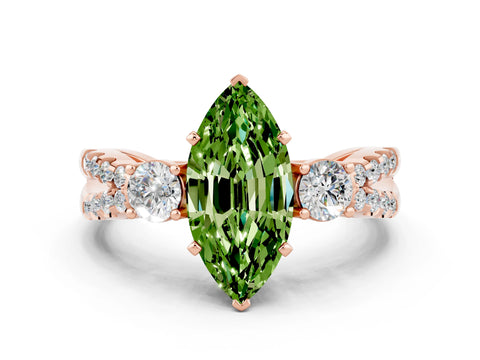 Rose gold Marquise Cut Peridot Three-Stone Ring with Pavé Split Shank and Four-Prong Setting_12