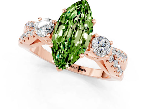 Rose gold Marquise Cut Peridot Three-Stone Ring with Pavé Split Shank and Four-Prong Setting_13