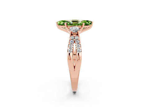 Rose gold Marquise Cut Peridot Three-Stone Ring with Pavé Split Shank and Four-Prong Setting_14