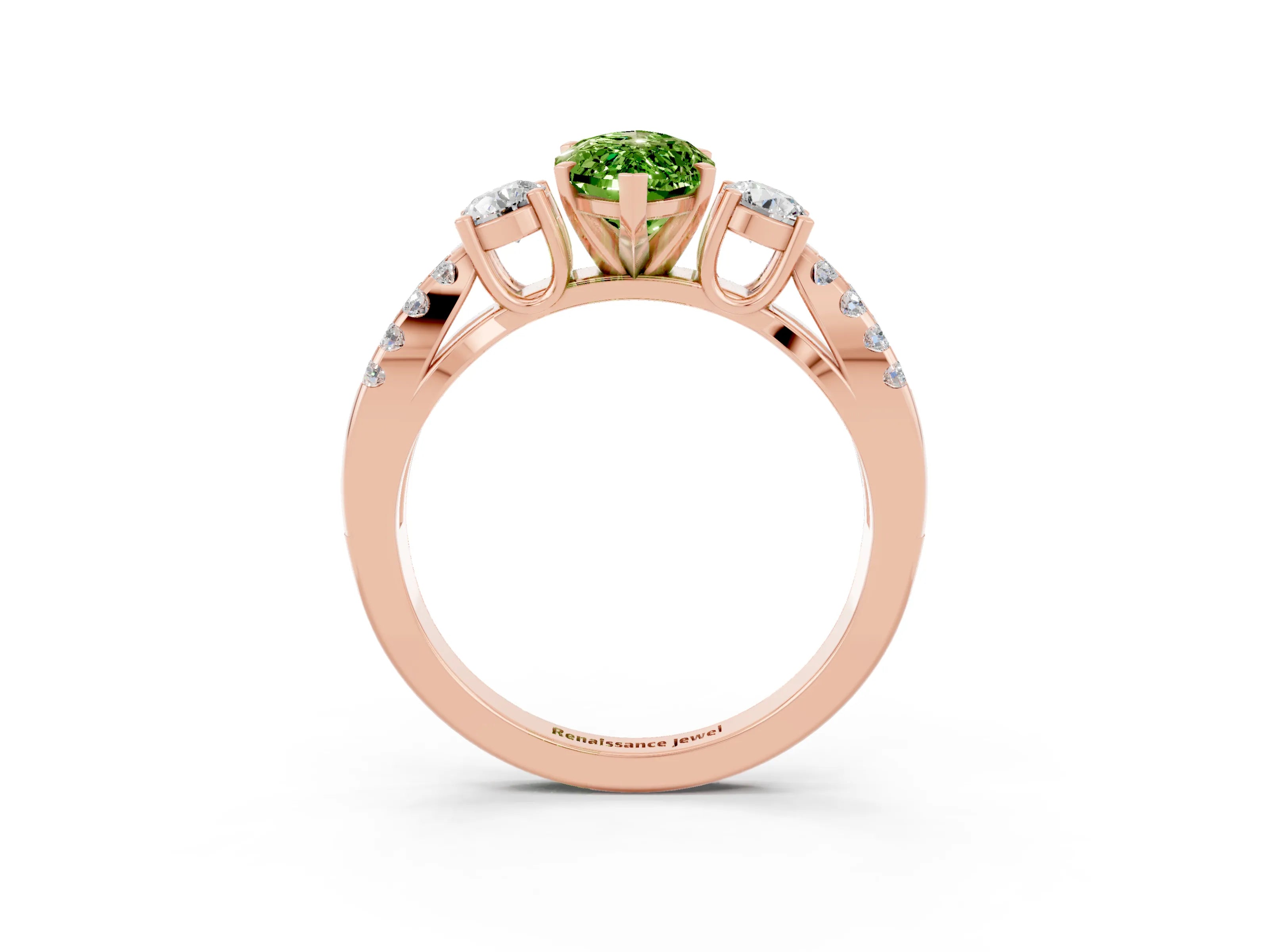 Rose gold Marquise Cut Peridot Three-Stone Ring with Pavé Split Shank and Four-Prong Setting_15