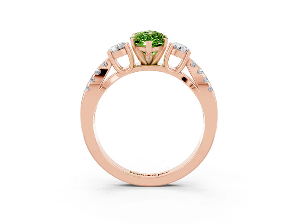 Rose gold Marquise Cut Peridot Three-Stone Ring with Pavé Split Shank and Four-Prong Setting