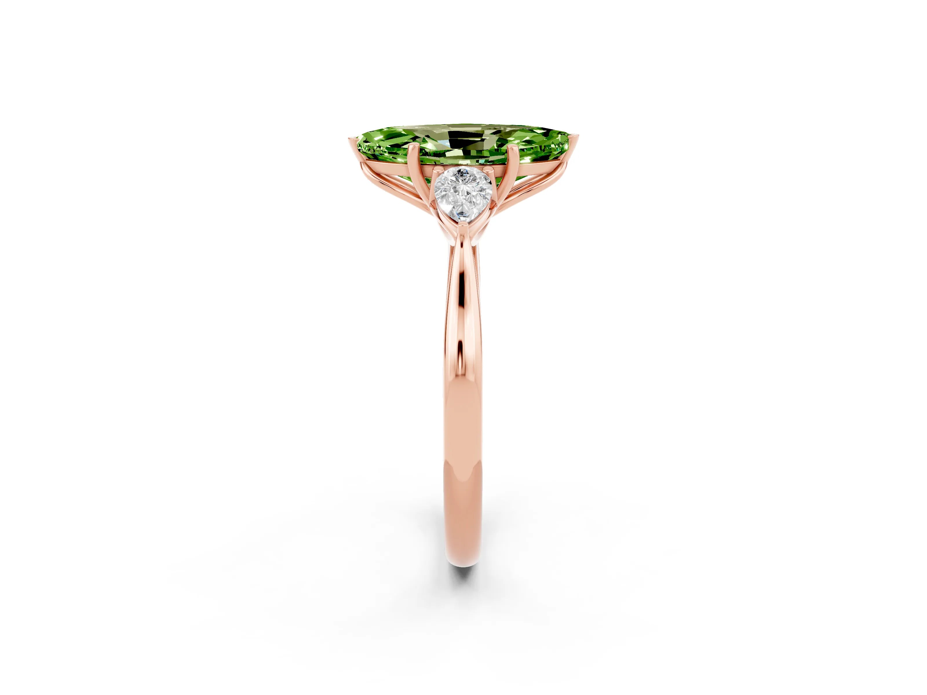 Rose gold Marquise Cut Peridot Three-Stone Ring with Pear Side Stones and Four-Prong Setting_14