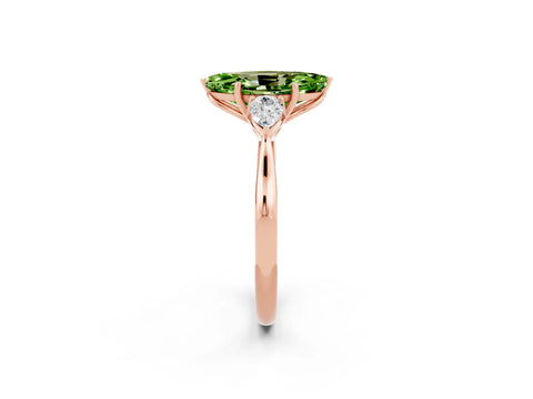 Rose gold Marquise Cut Peridot Three-Stone Ring with Pear Side Stones and Four-Prong Setting_14
