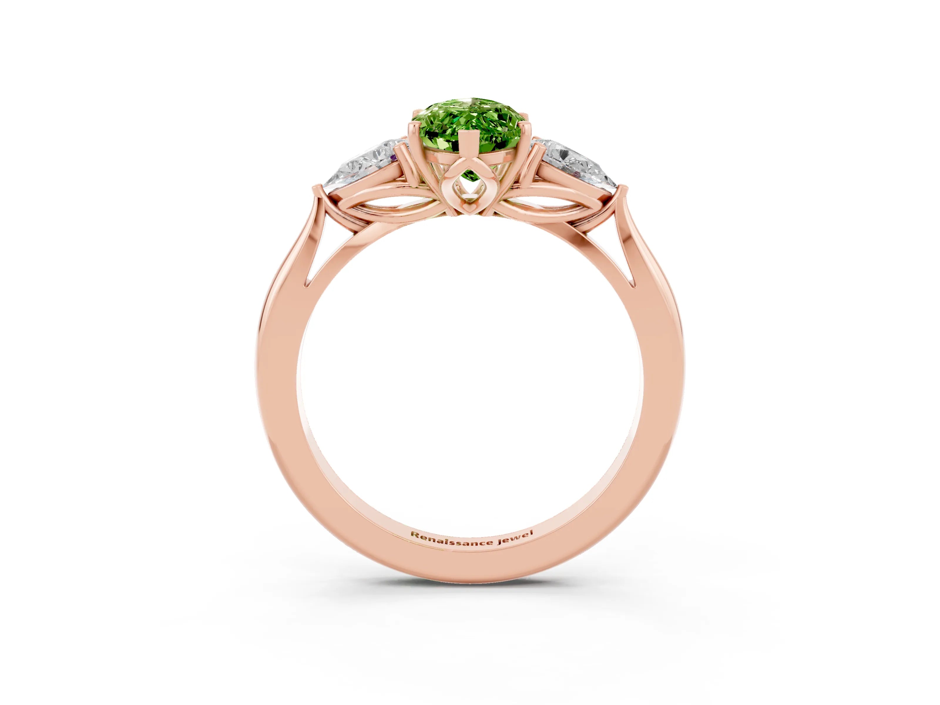 Rose gold Marquise Cut Peridot Three-Stone Ring with Pear Side Stones and Four-Prong Setting_15