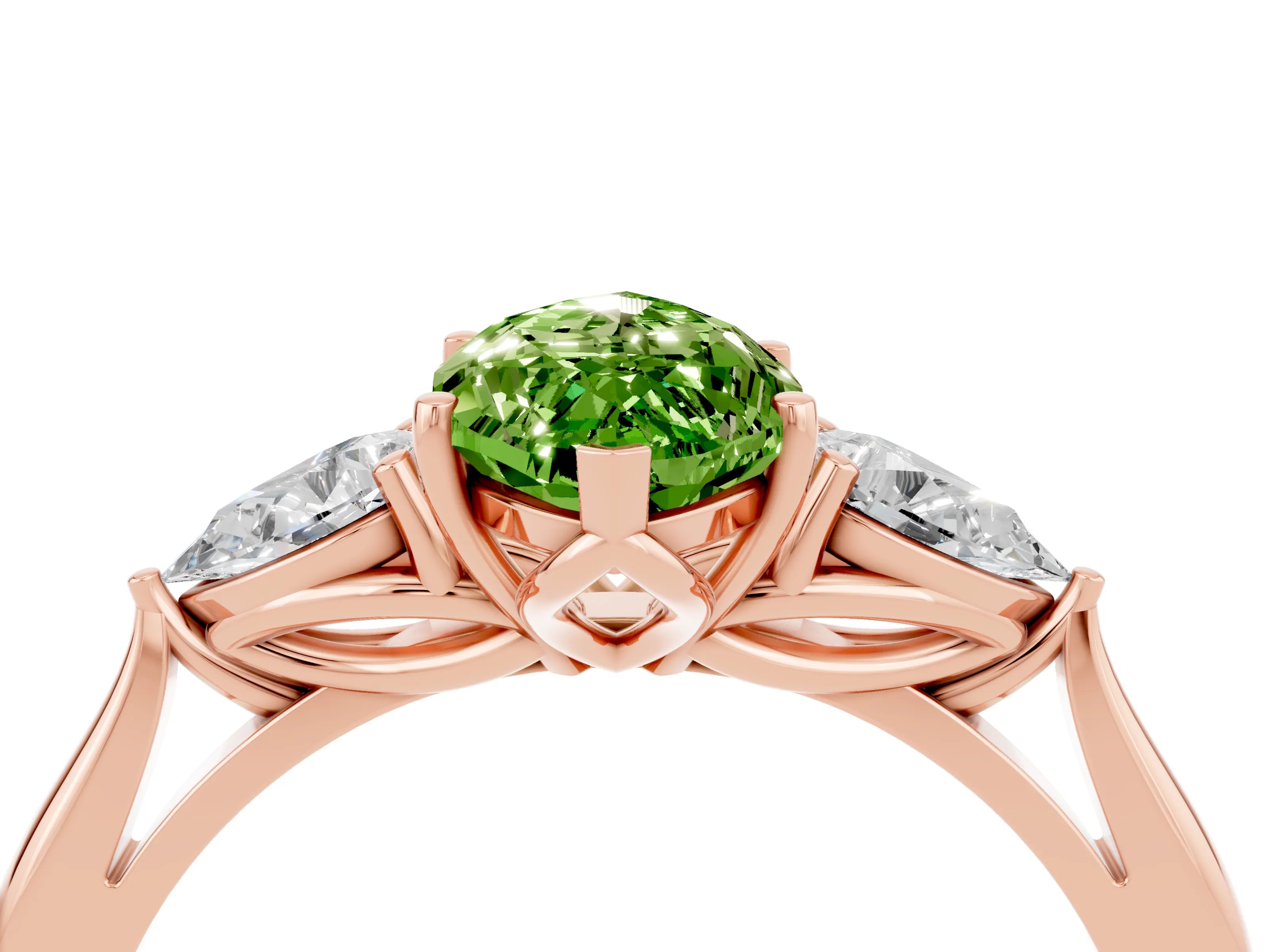 Rose gold Marquise Cut Peridot Three-Stone Ring with Pear Side Stones and Four-Prong Setting_16