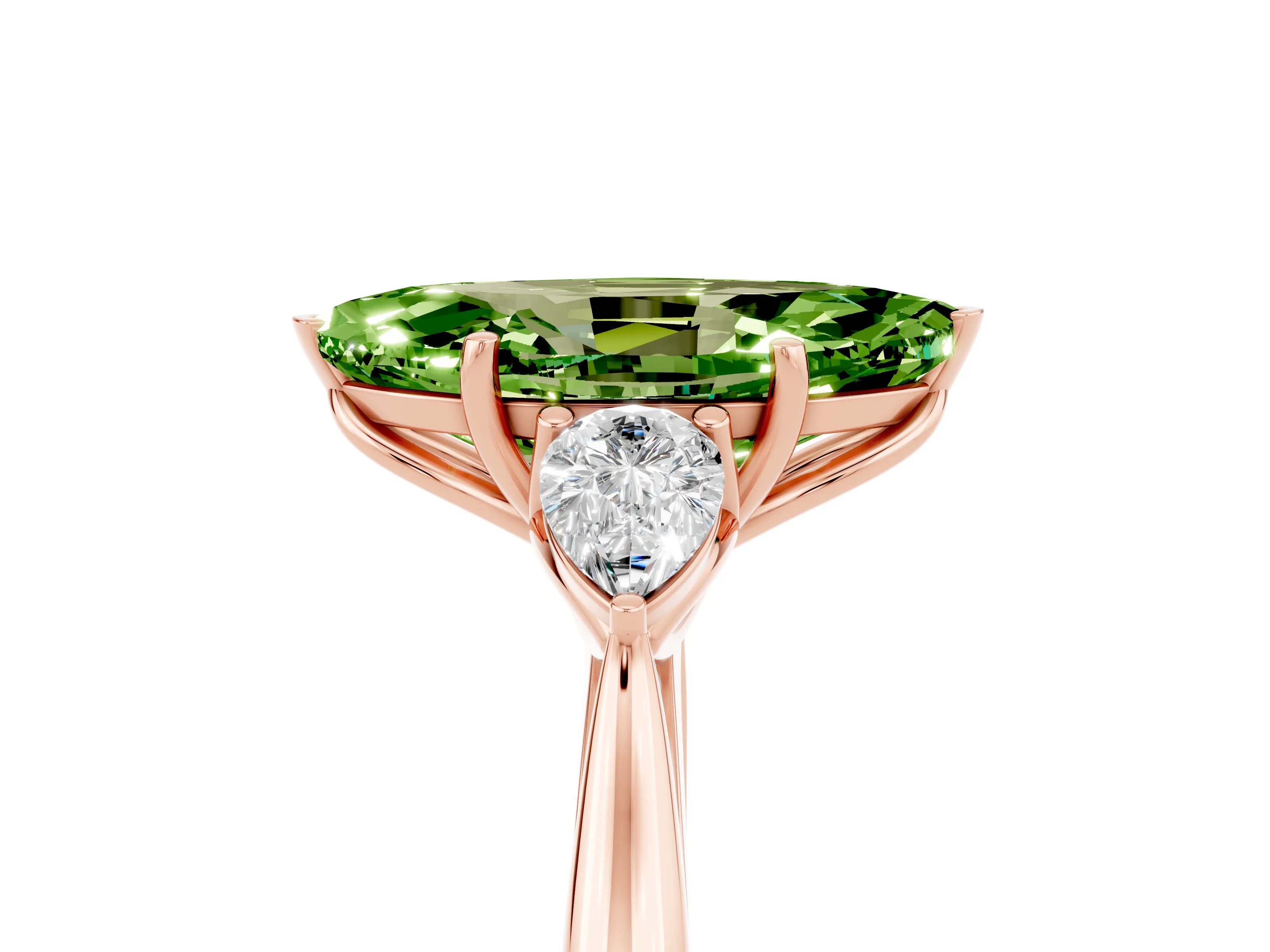Rose gold Marquise Cut Peridot Three-Stone Ring with Pear Side Stones and Four-Prong Setting_17