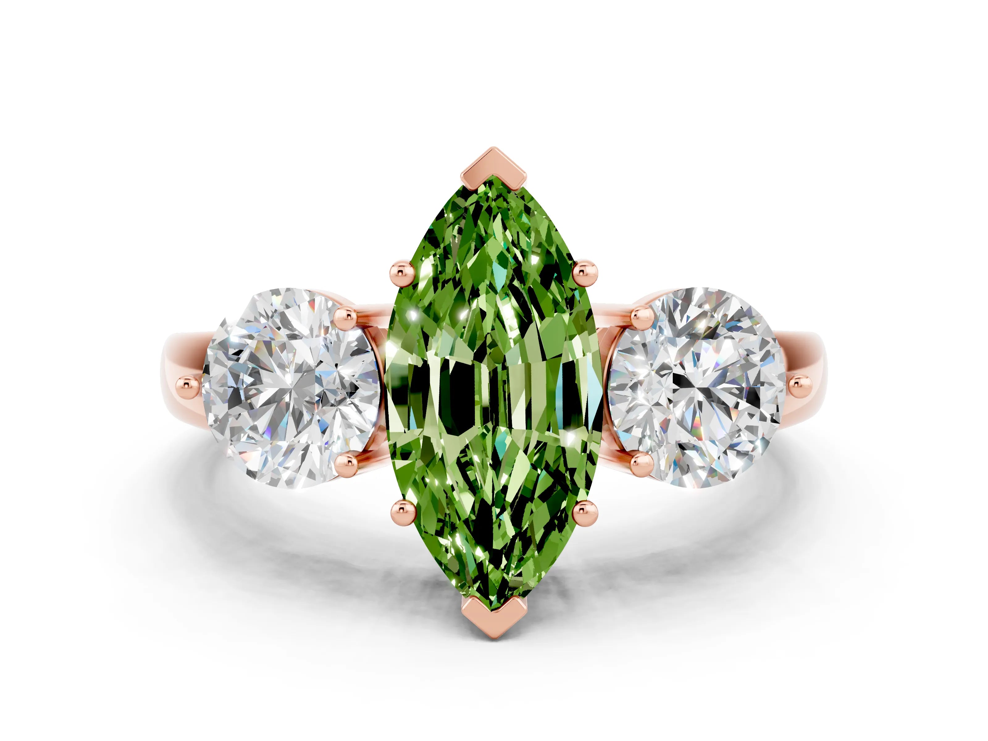 Rose gold Marquise Cut Peridot Three-Stone Ring with Prong Setting and Classic Band