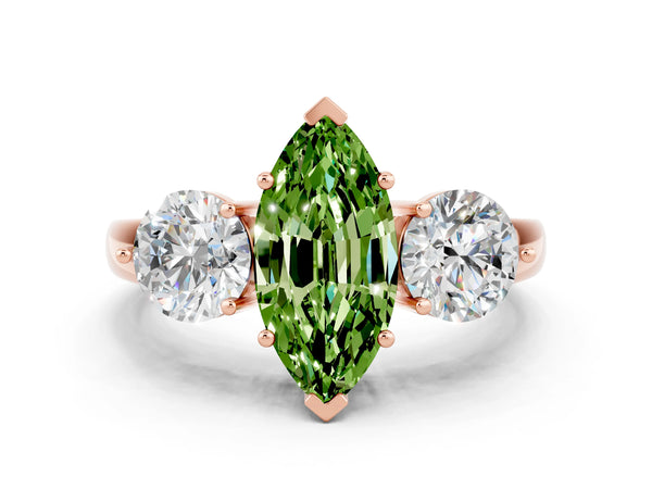 Rose gold Marquise Cut Peridot Three-Stone Ring with Prong Setting and Classic Band