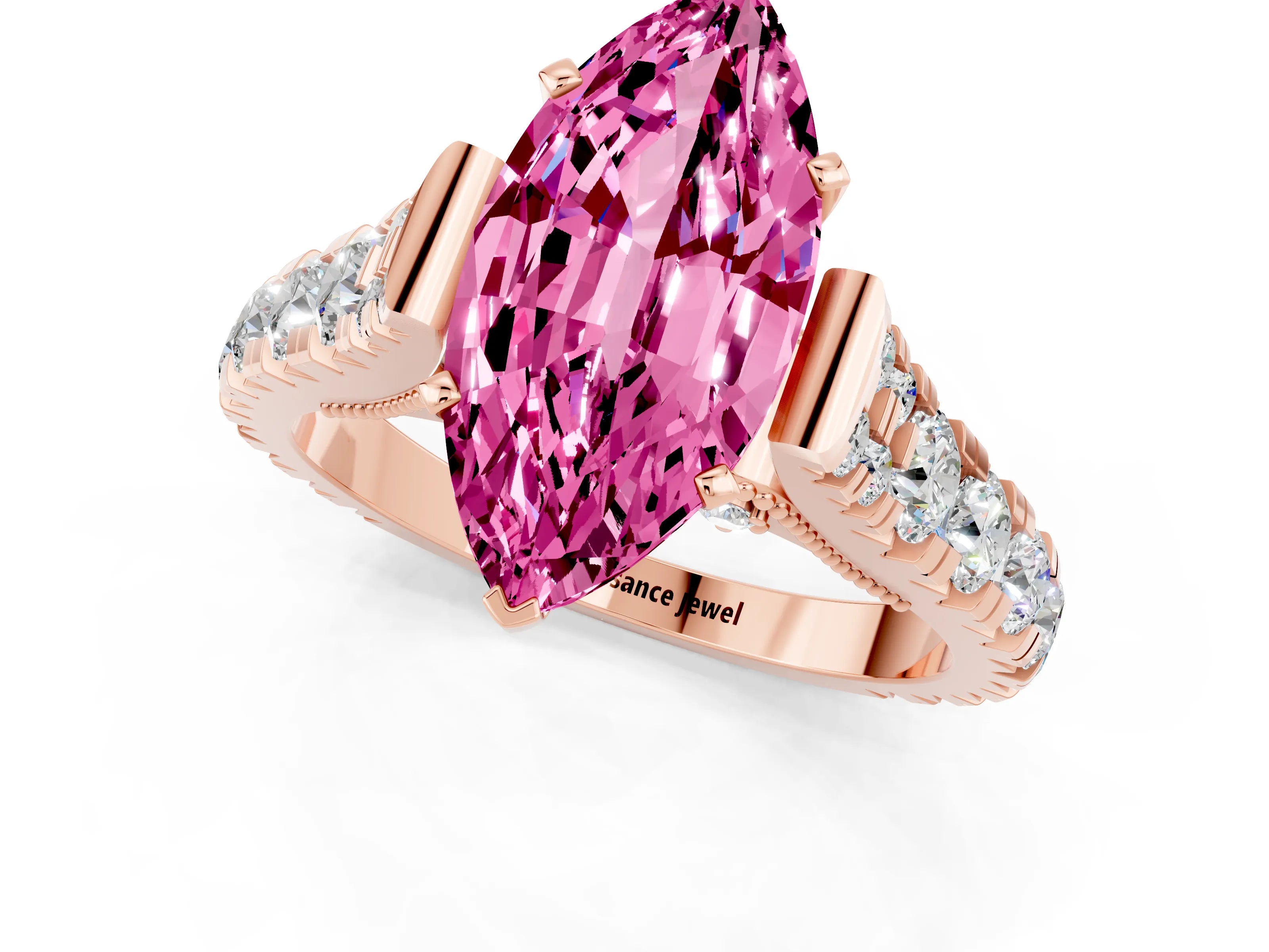 Rose gold Marquise Cut Pink Sapphire Classic Solitaire Ring with Pavé Band and Four-Prong Setting_13