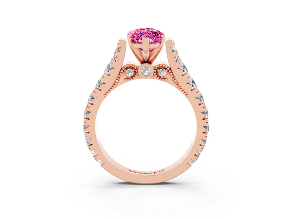Rose gold Marquise Cut Pink Sapphire Classic Solitaire Ring with Pavé Band and Four-Prong Setting