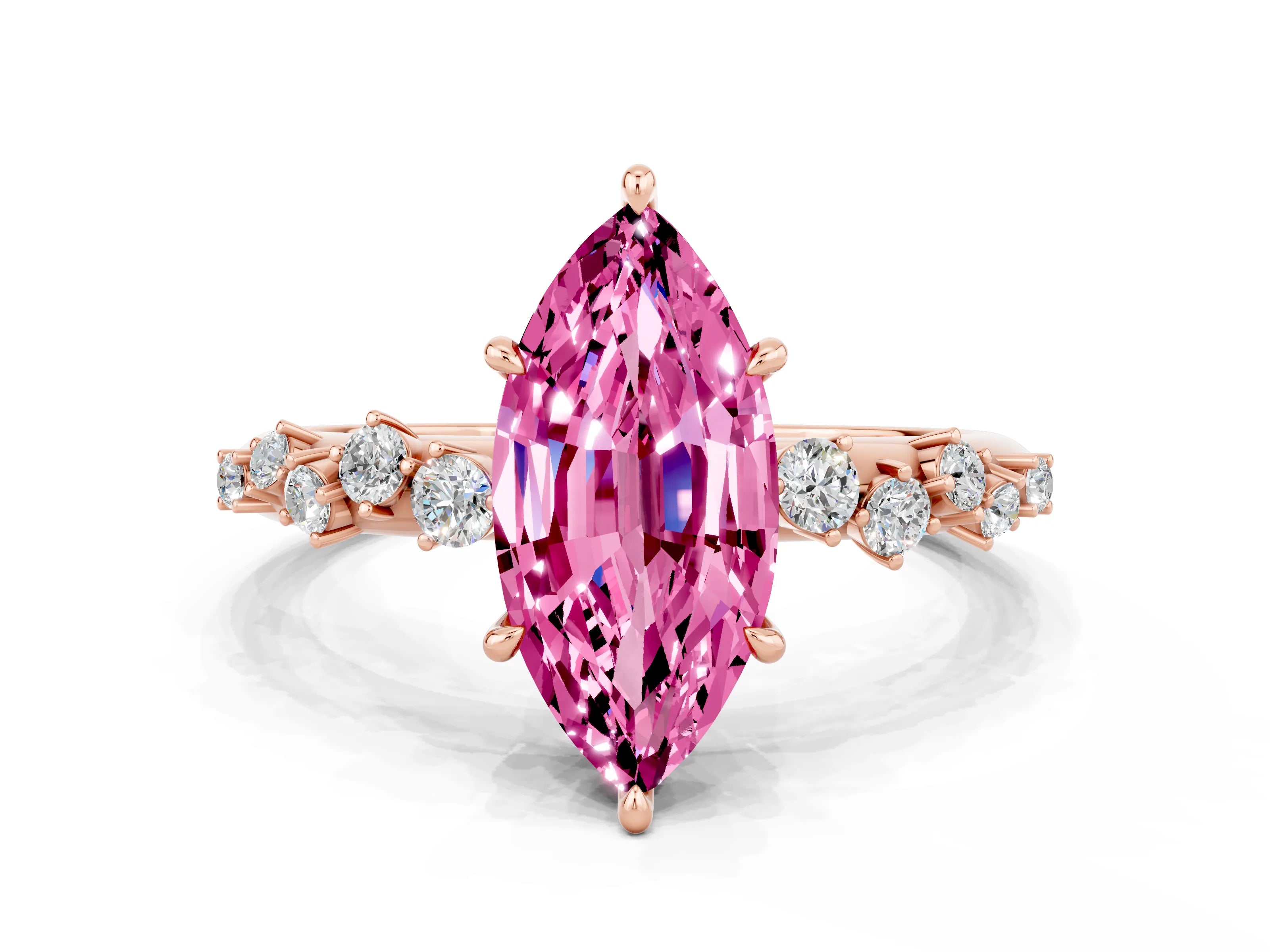 Rose gold Marquise Cut Pink Sapphire Cluster Side Stone Solitaire Ring with Prong Setting_71