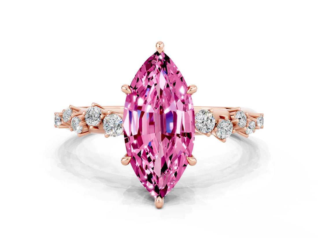 Rose gold Marquise Cut Pink Sapphire Cluster Side Stone Solitaire Ring with Prong Setting_71