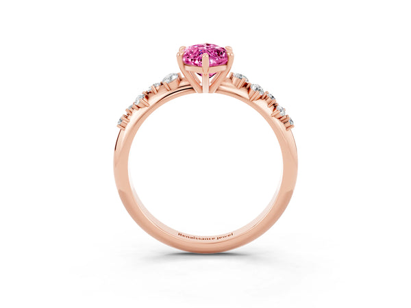 Rose gold Marquise Cut Pink Sapphire Cluster Side Stone Solitaire Ring with Prong Setting