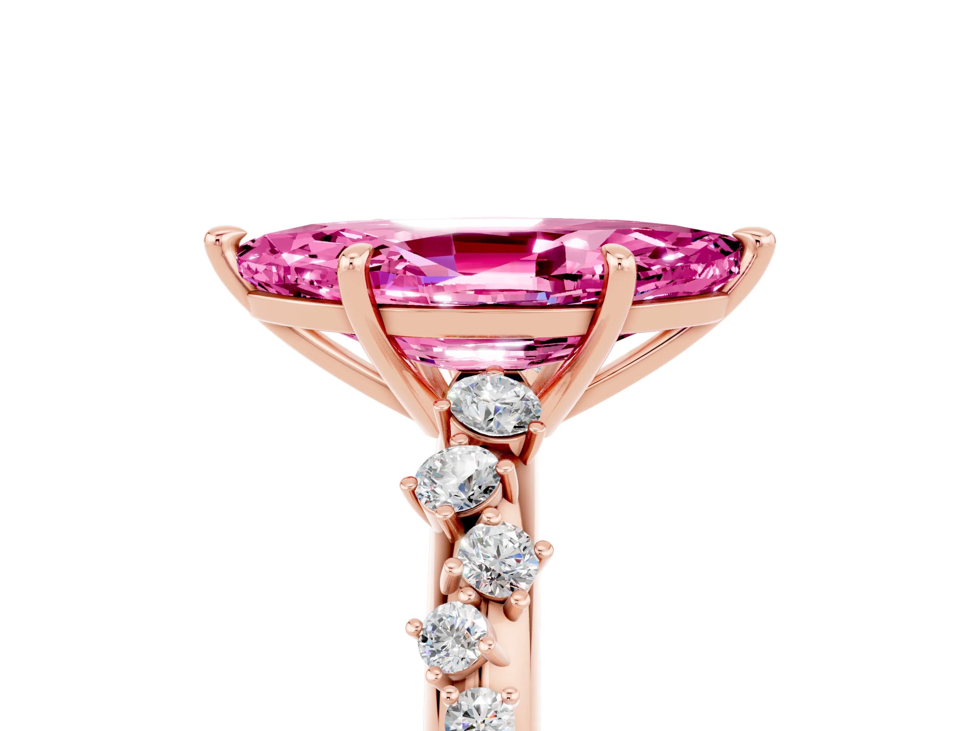 Rose gold Marquise Cut Pink Sapphire Cluster Side Stone Solitaire Ring with Prong Setting_76