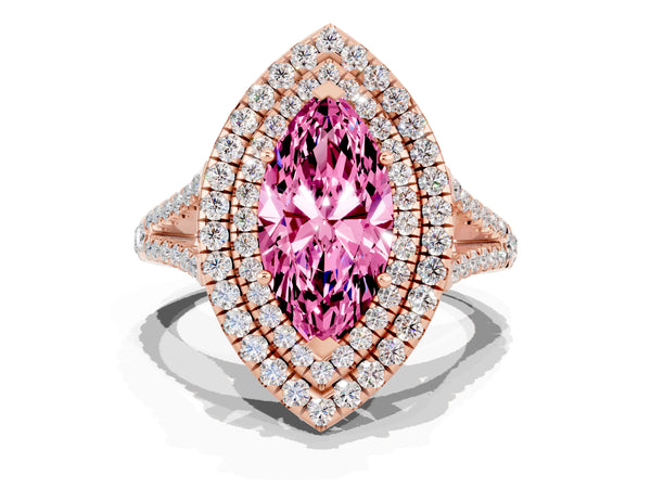 Rose gold Marquise Cut Pink Sapphire Double Halo Ring with Pavé Band and Prong Setting
