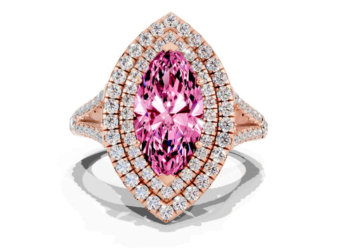 Rose gold Marquise Cut Pink Sapphire Double Halo Ring with Pavé Band and Prong Setting_12