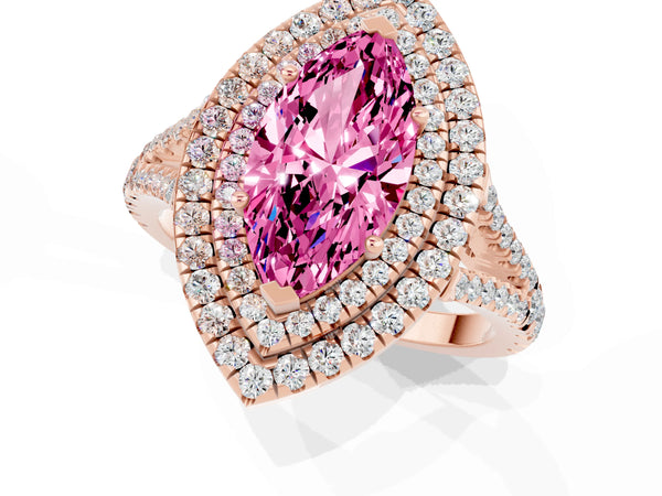 Rose gold Marquise Cut Pink Sapphire Double Halo Ring with Pavé Band and Prong Setting