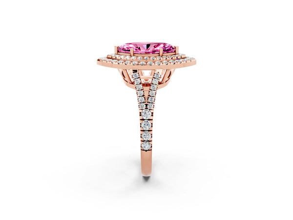 Rose gold Marquise Cut Pink Sapphire Double Halo Ring with Pavé Band and Prong Setting