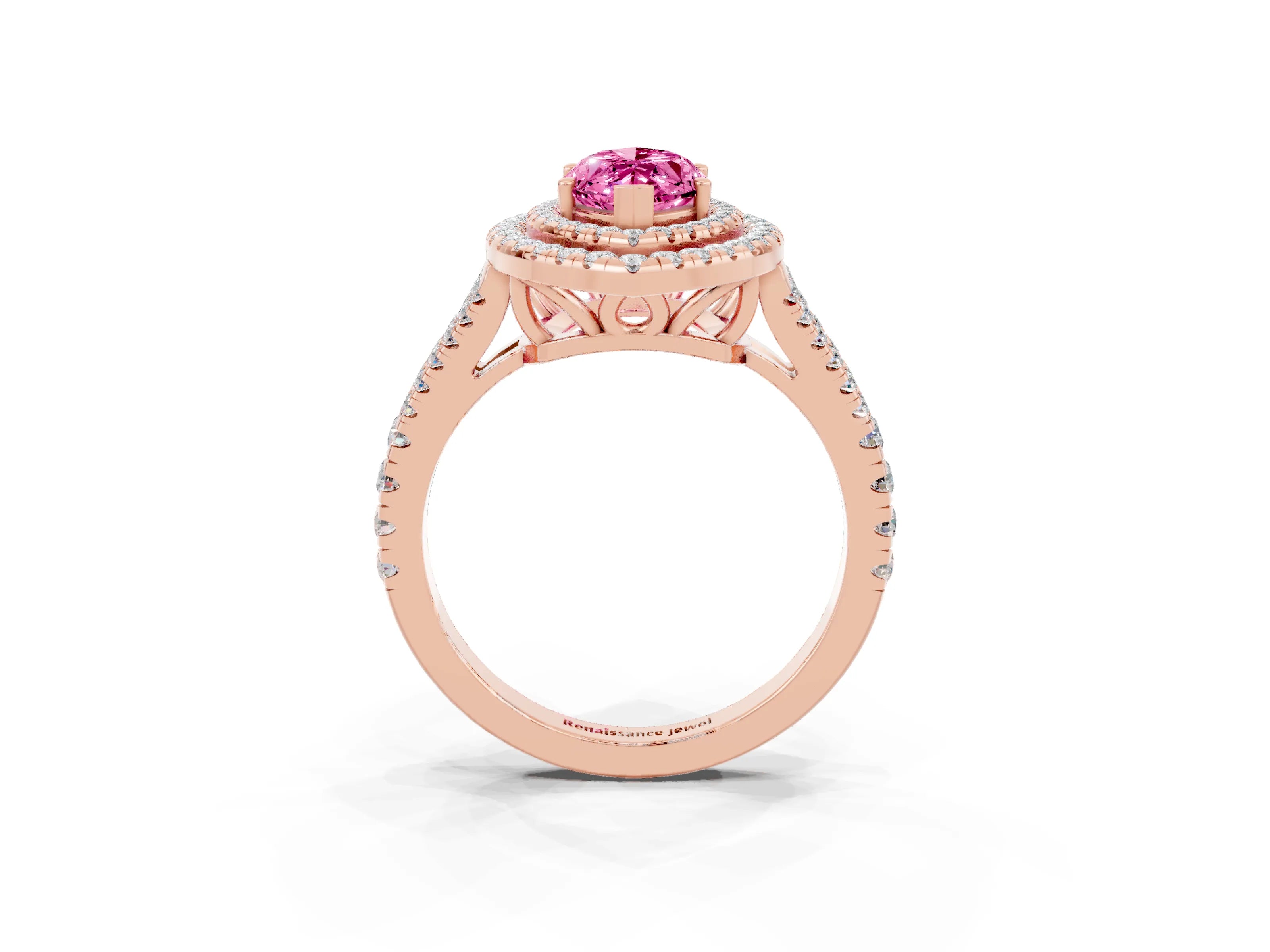 Rose gold Marquise Cut Pink Sapphire Double Halo Ring with Pavé Band and Prong Setting_15