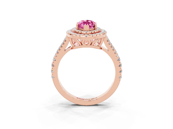 Rose gold Marquise Cut Pink Sapphire Double Halo Ring with Pavé Band and Prong Setting