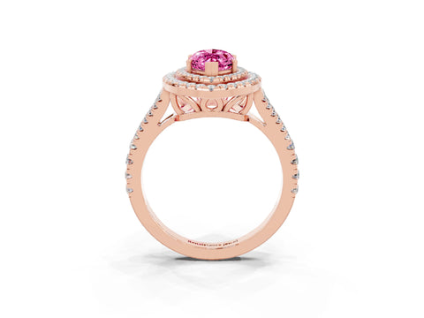 Rose gold Marquise Cut Pink Sapphire Double Halo Ring with Pavé Band and Prong Setting_15