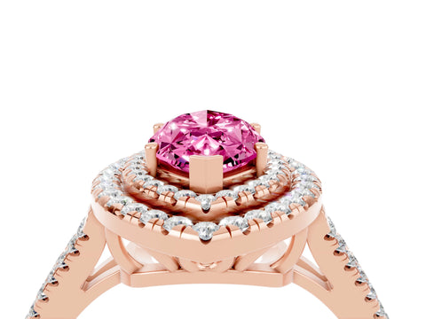 Rose gold Marquise Cut Pink Sapphire Double Halo Ring with Pavé Band and Prong Setting_16