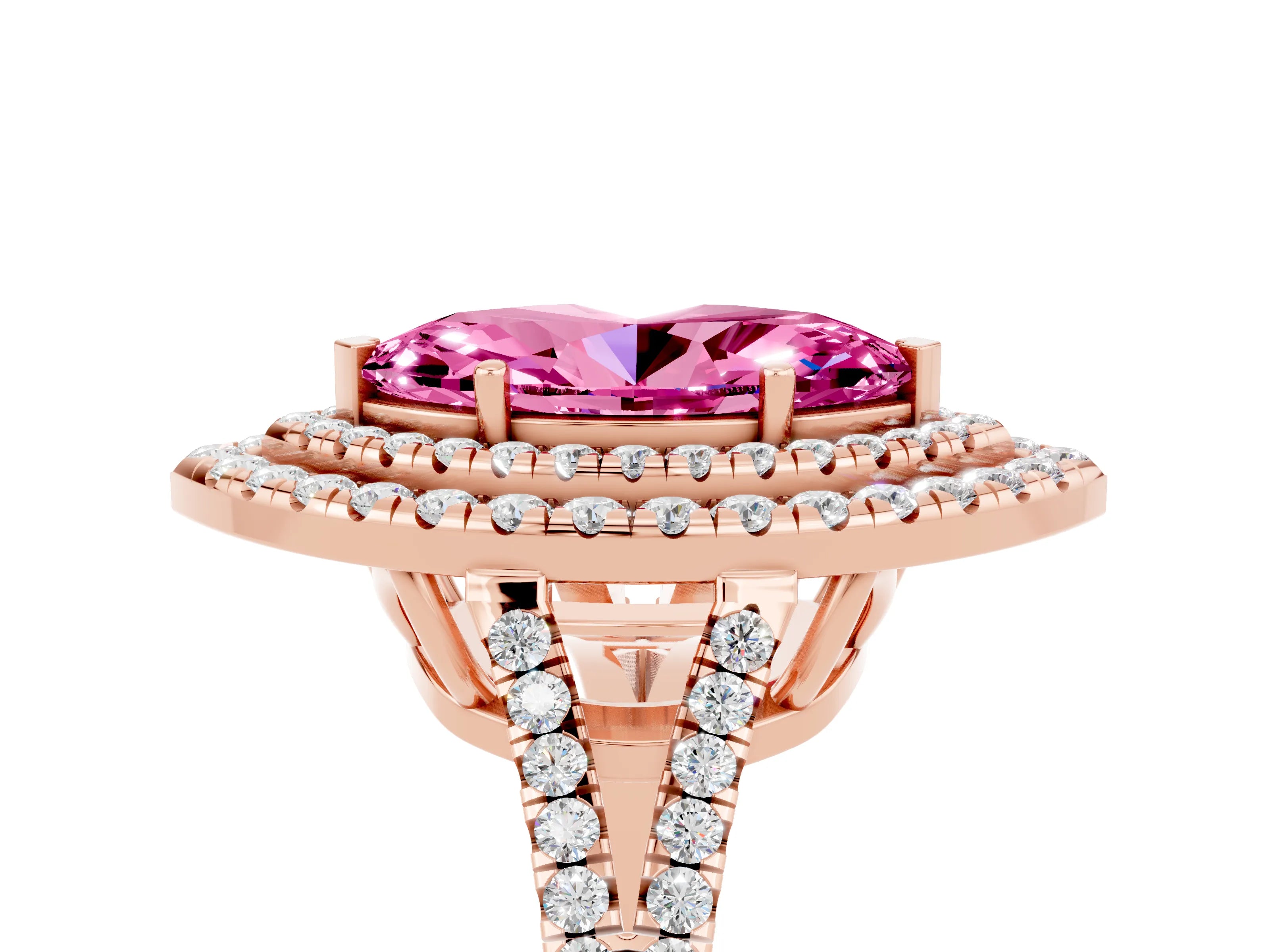 Rose gold Marquise Cut Pink Sapphire Double Halo Ring with Pavé Band and Prong Setting_17