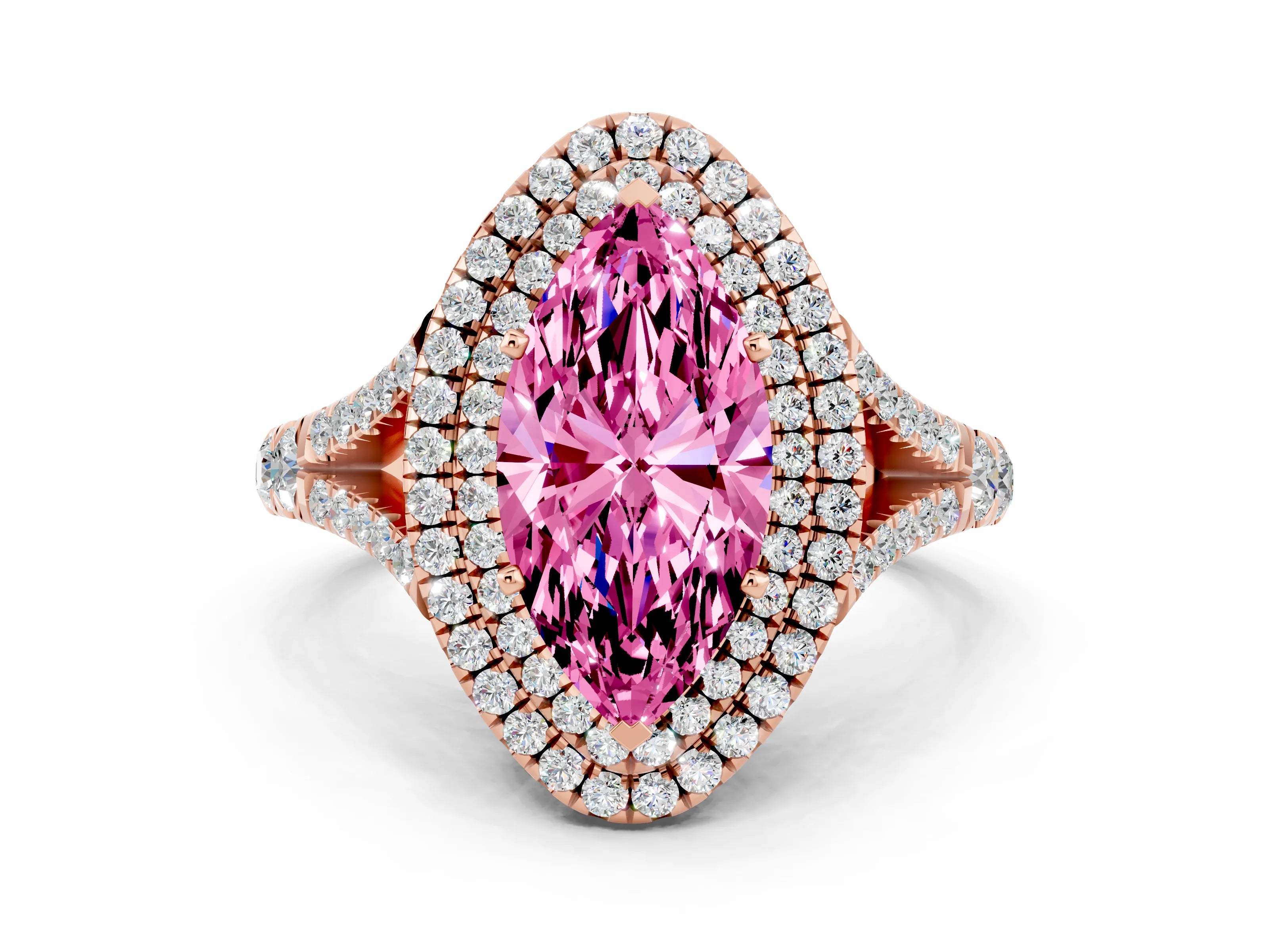 Rose gold Marquise Cut Pink Sapphire Double Halo Ring with Split Shank and Prong Setting_12