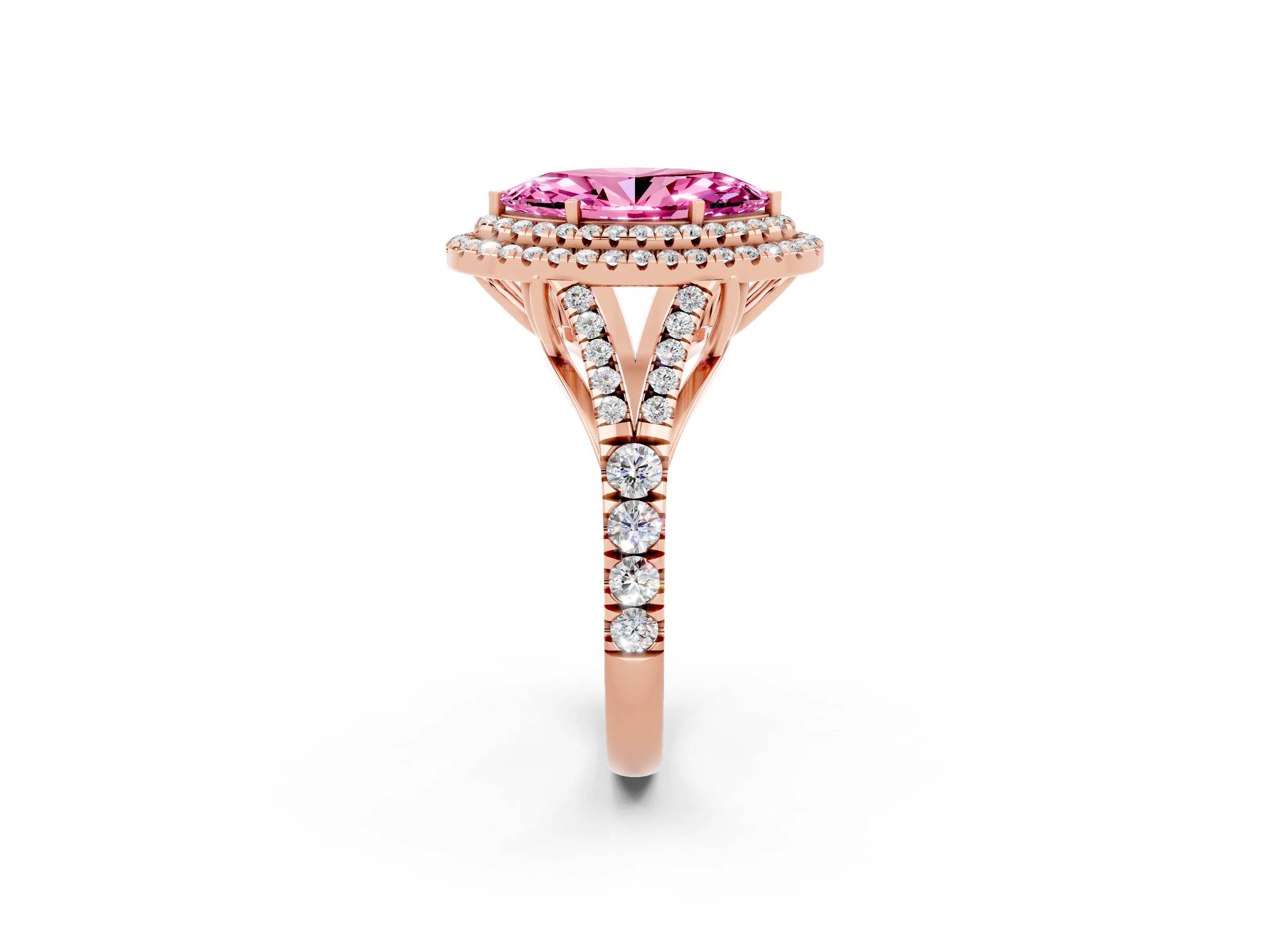 Rose gold Marquise Cut Pink Sapphire Double Halo Ring with Split Shank and Prong Setting_14
