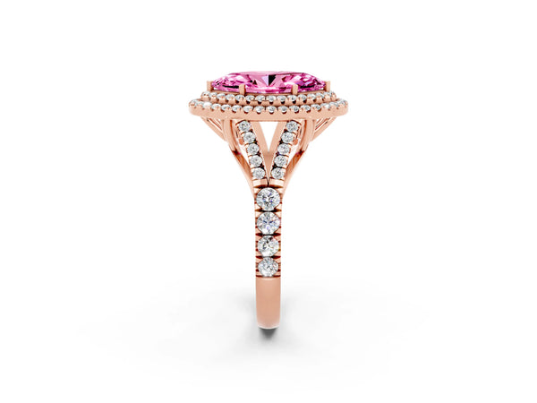 Rose gold Marquise Cut Pink Sapphire Double Halo Ring with Split Shank and Prong Setting