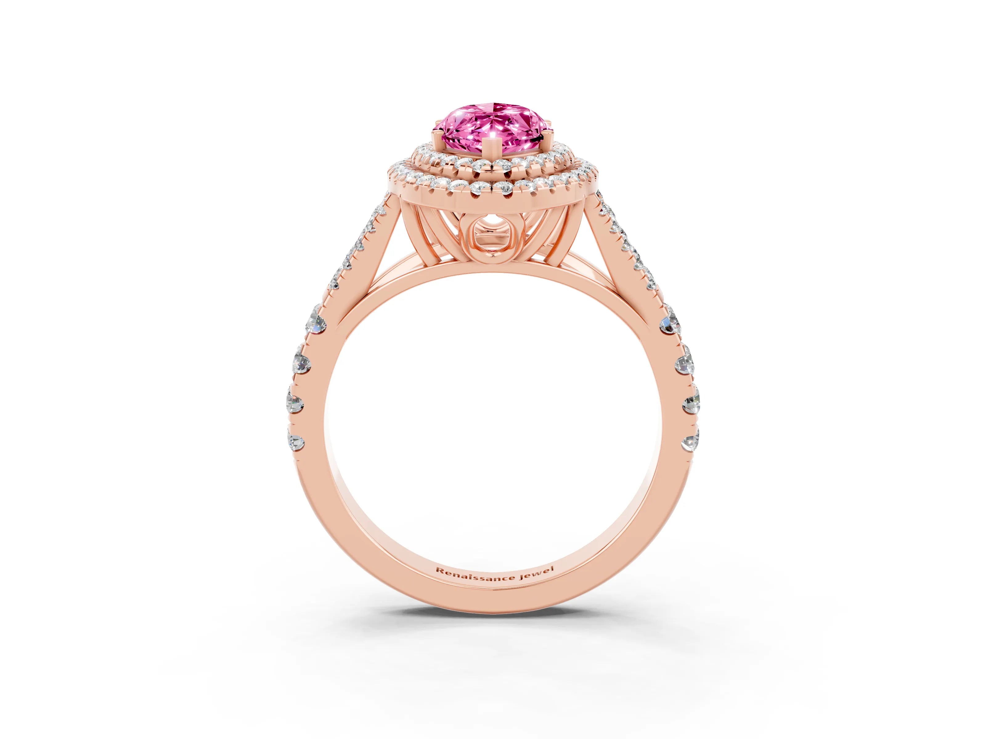 Rose gold Marquise Cut Pink Sapphire Double Halo Ring with Split Shank and Prong Setting_15