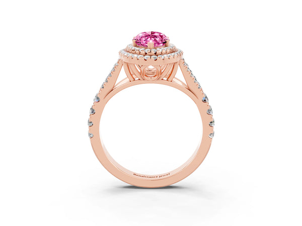 Rose gold Marquise Cut Pink Sapphire Double Halo Ring with Split Shank and Prong Setting