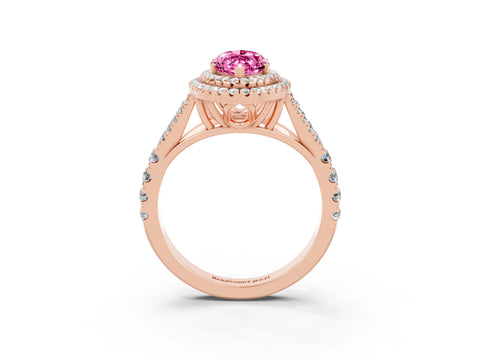 Rose gold Marquise Cut Pink Sapphire Double Halo Ring with Split Shank and Prong Setting_15