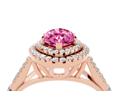 Rose gold Marquise Cut Pink Sapphire Double Halo Ring with Split Shank and Prong Setting_16
