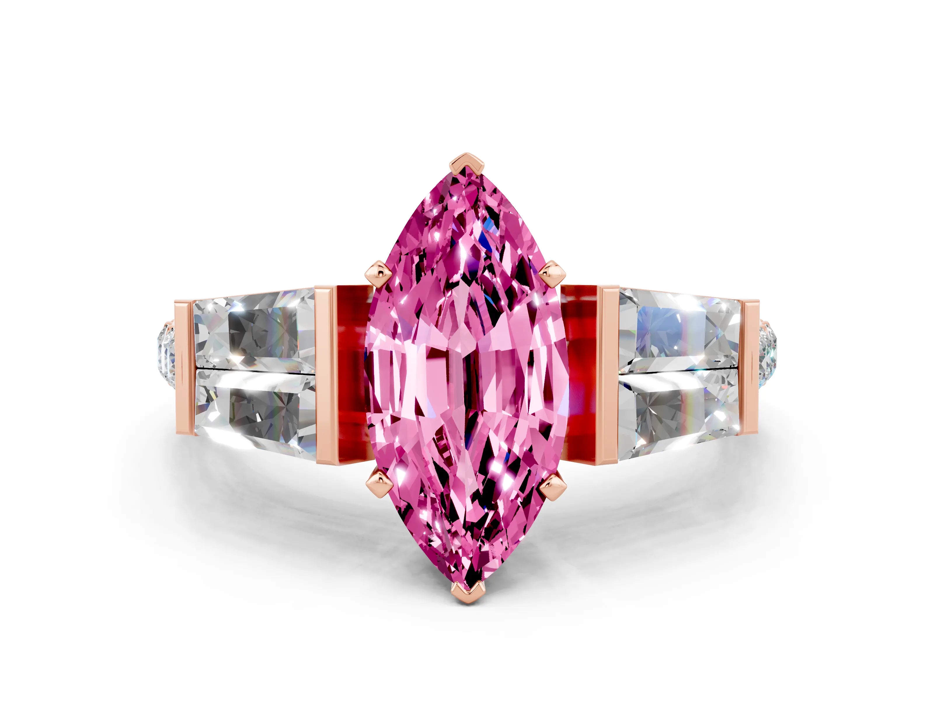 Rose gold Marquise Cut Pink Sapphire Engagement Ring with Baguette Side Stones and Channel Set Band