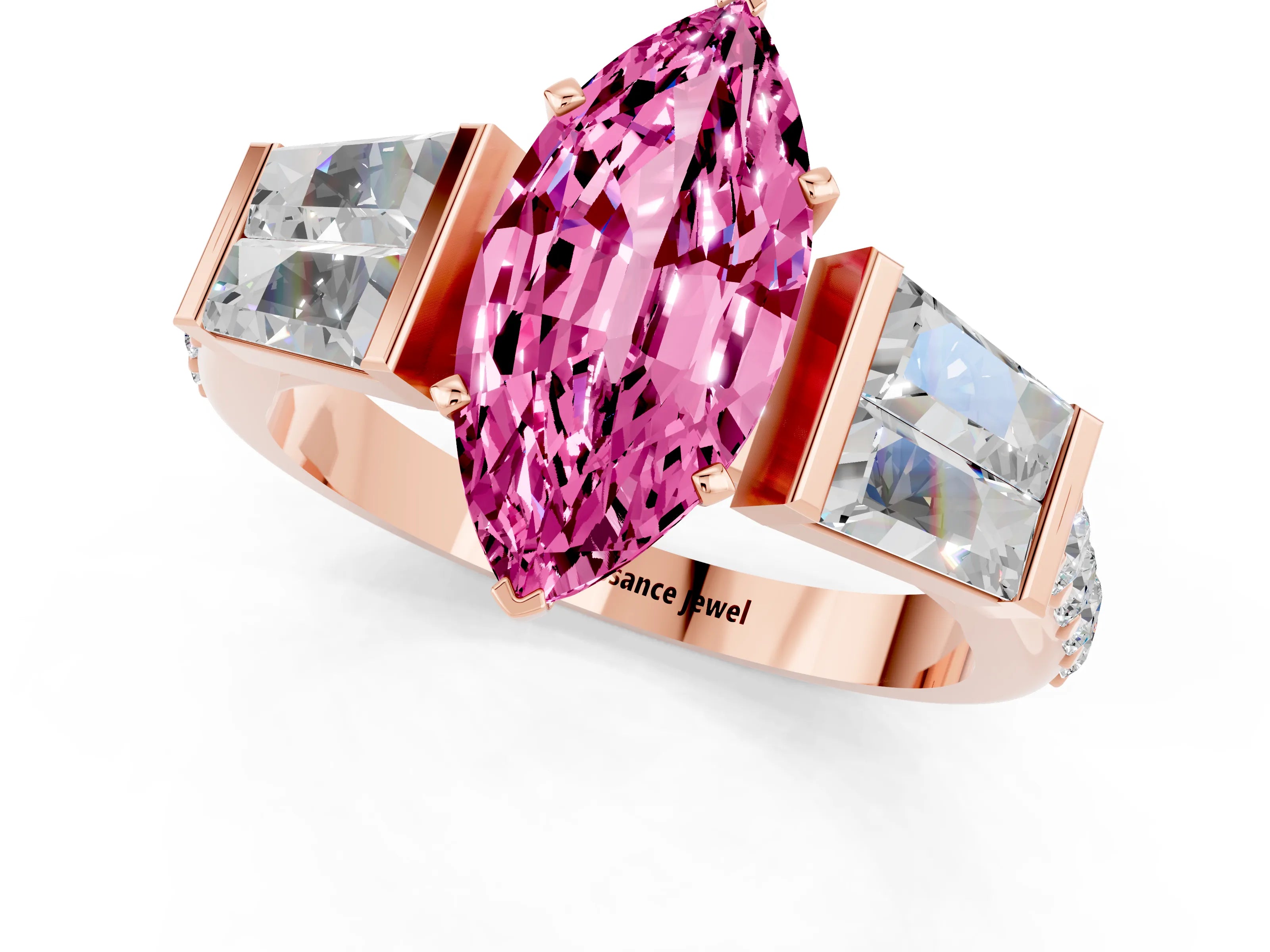 Rose gold Marquise Cut Pink Sapphire Engagement Ring with Baguette Side Stones and Channel Set Band_1